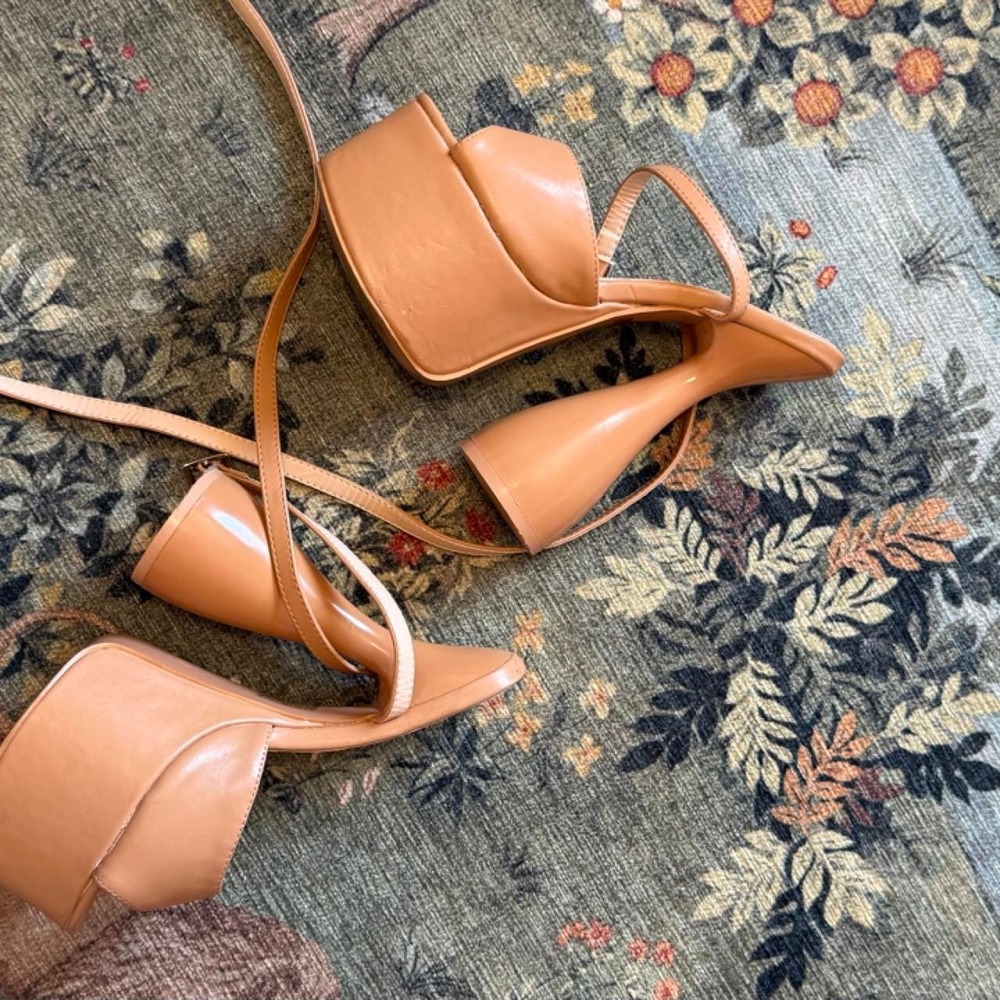 Pretty Little Thing Retro Tan leather platform heels with ankle strap